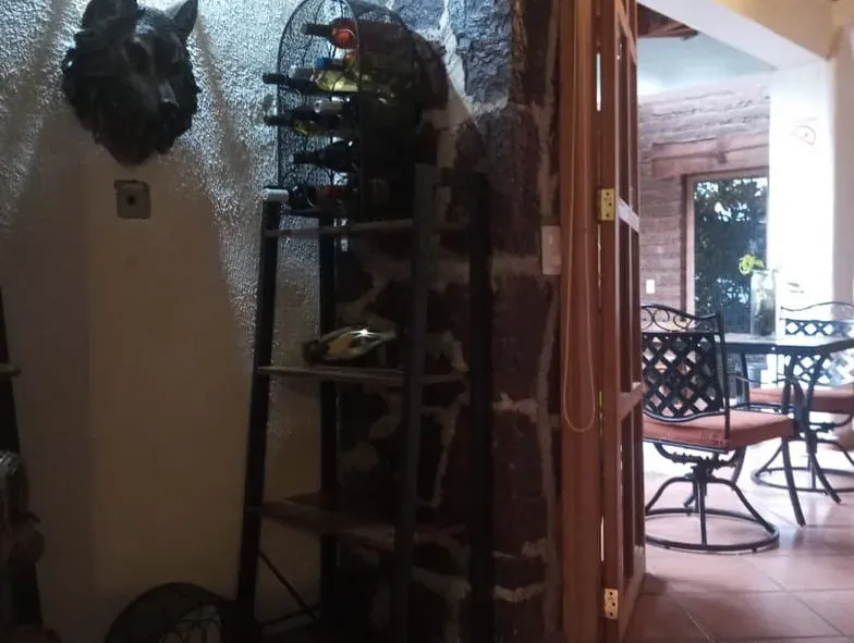 Cava de vinos de herrería junto a una cabeza de lobo tallada, con la terraza y sus mesas al fondo